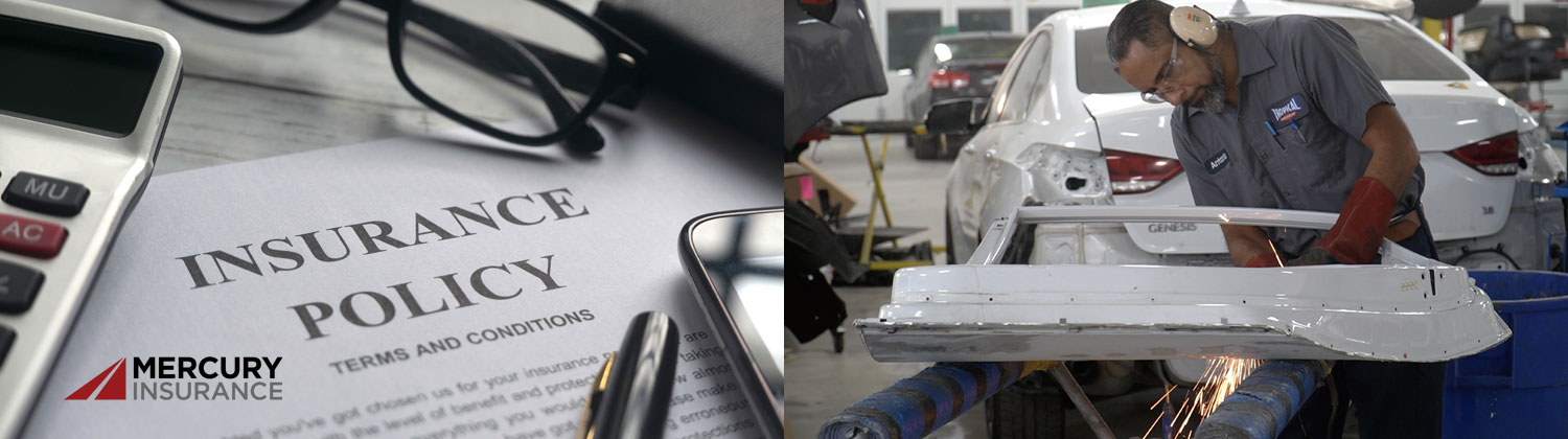 Insurance policy document with Mercury Insurance logo, calculator, and glasses, alongside auto body repair technician working on vehicle part in a collision repair shop.