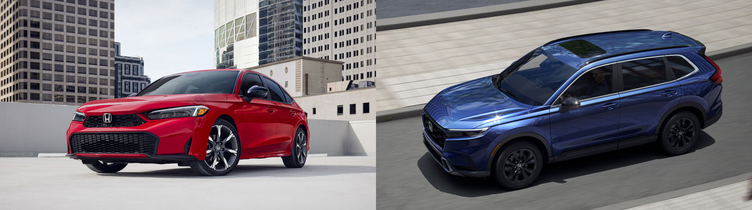 Honda vehicles, red sedan and blue SUV, displayed in urban setting, showcasing modern design and engineering excellence relevant to collision repair services.