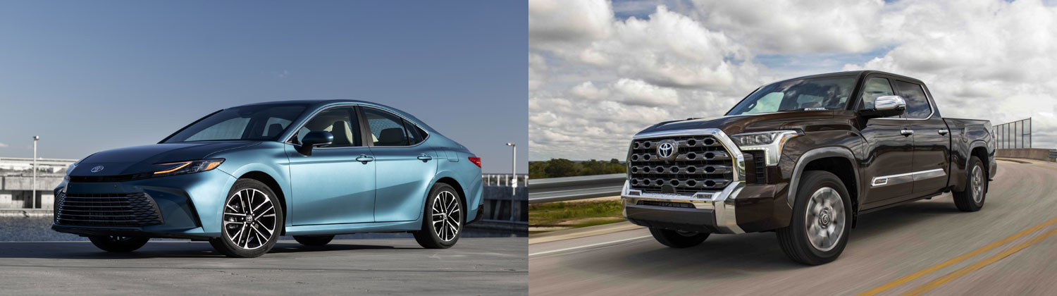 Toyota vehicles, including a sedan and a pickup truck, showcased in a dynamic outdoor setting, representing the quality and style of Toyota cars available at Tropical Collision Center in Miami, FL.